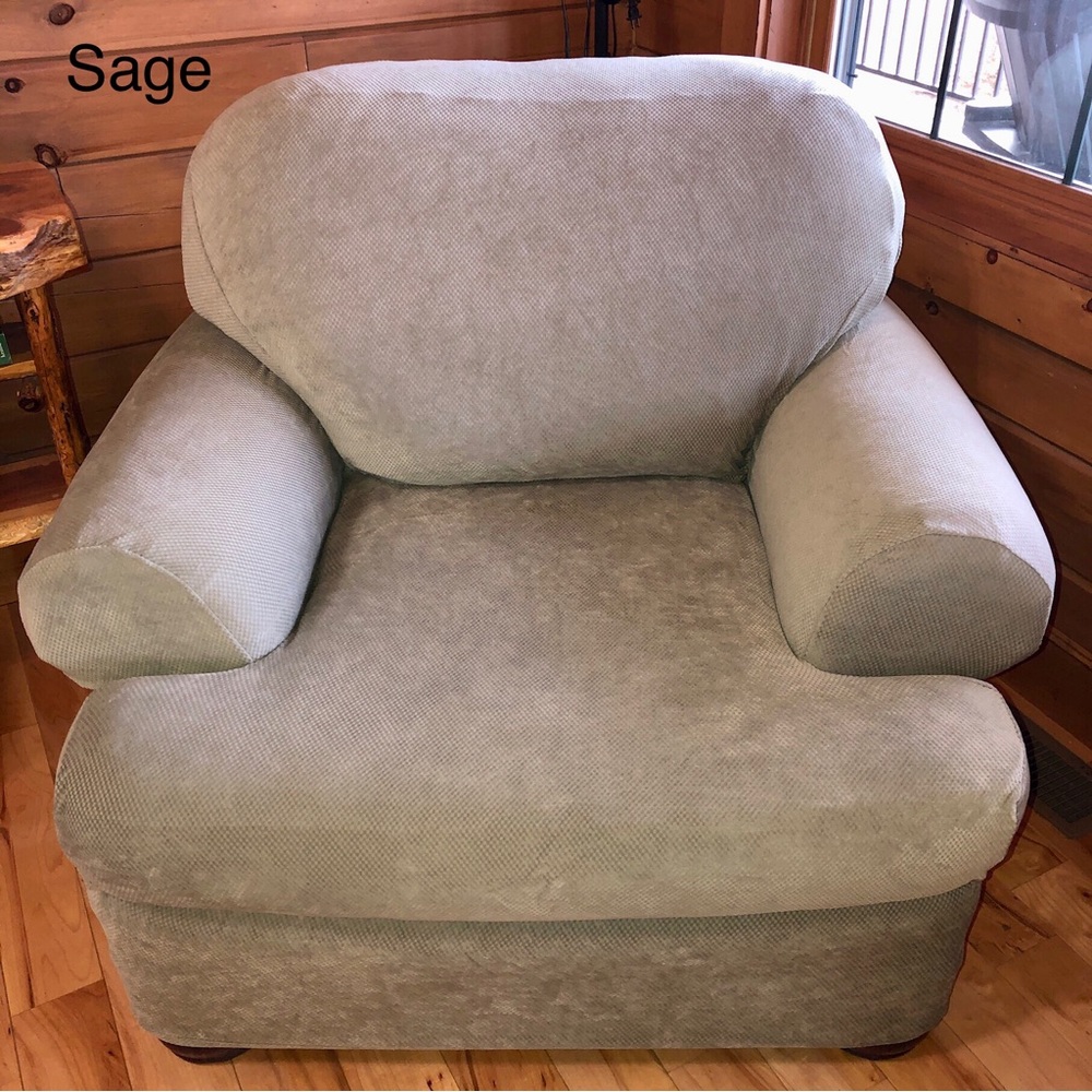 SURE FIT Sage Green Stretch Pique Chair (T-Cushion) and Ottoman Slipcovers NWOT - Picture 9 of 15